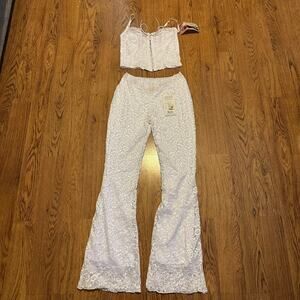 Vintage White lace SHIRLEY OF HOLLYWOOD 2 piece sexy crop top flare pants large